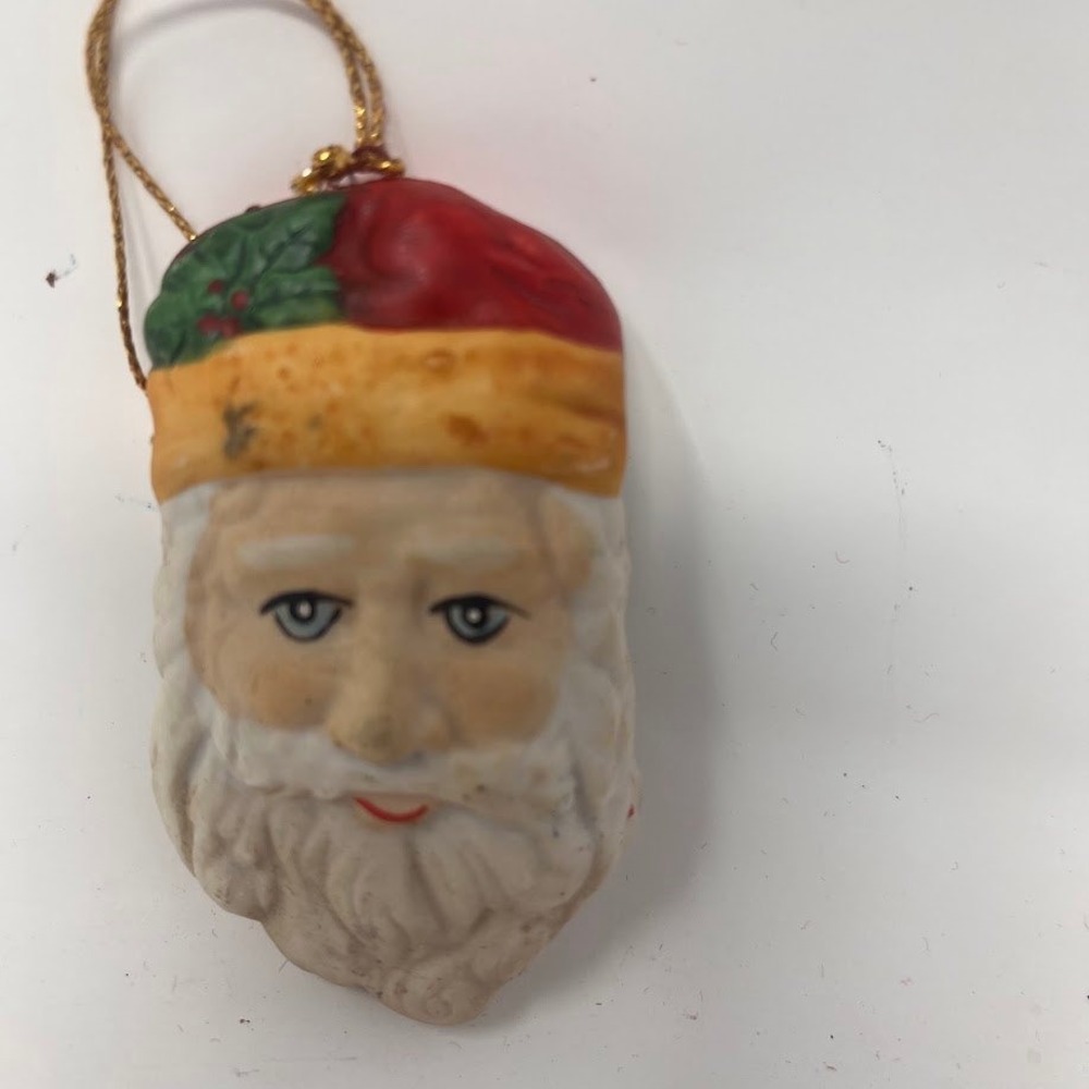Vintage Santa Claus Face Christmas Ornament Ceramic Hand Painted Red Gold Holly